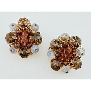Vintage Alice Caviness Clip Earrings Faceted Crystal Cluster Gold Tone 1.5”